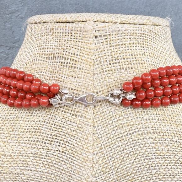 Multi Strand Red Coral and Turquoise Sterling Silver Pendant Statement Necklace - Picture 8 of 11